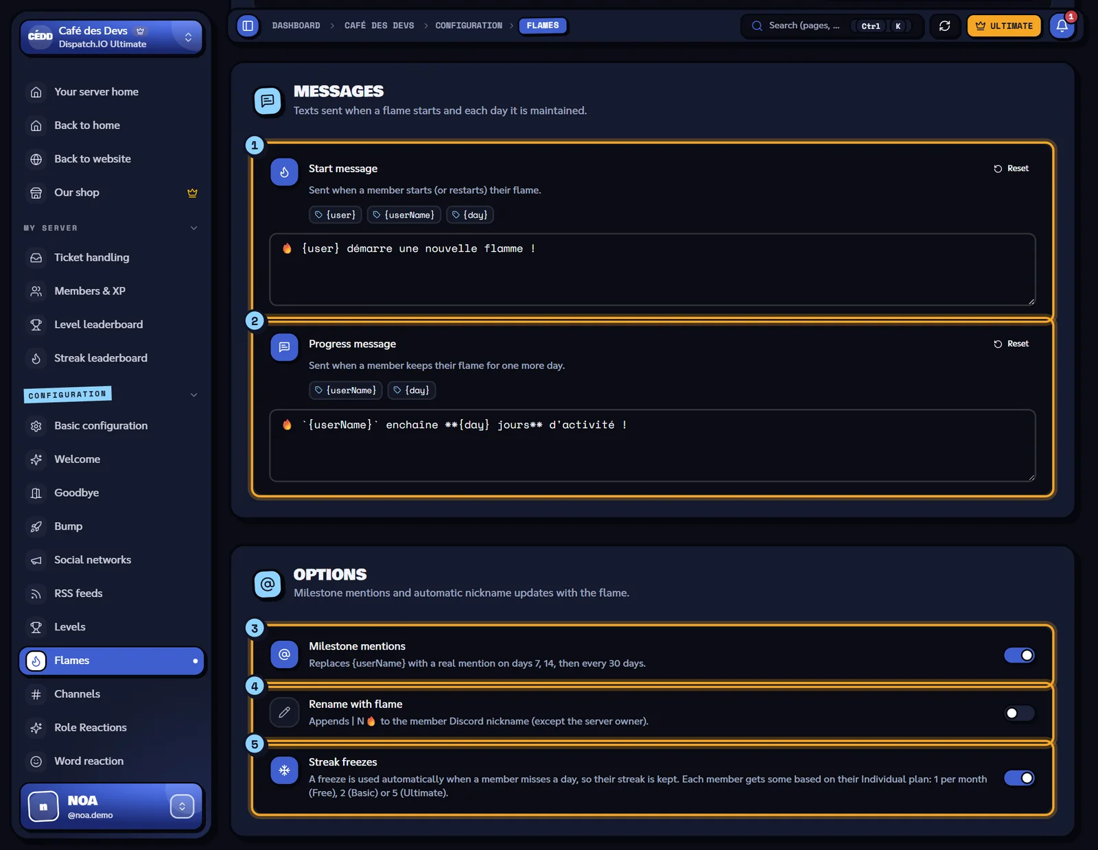 Both messages and the three options. Messages and Options blocks of the Flames page