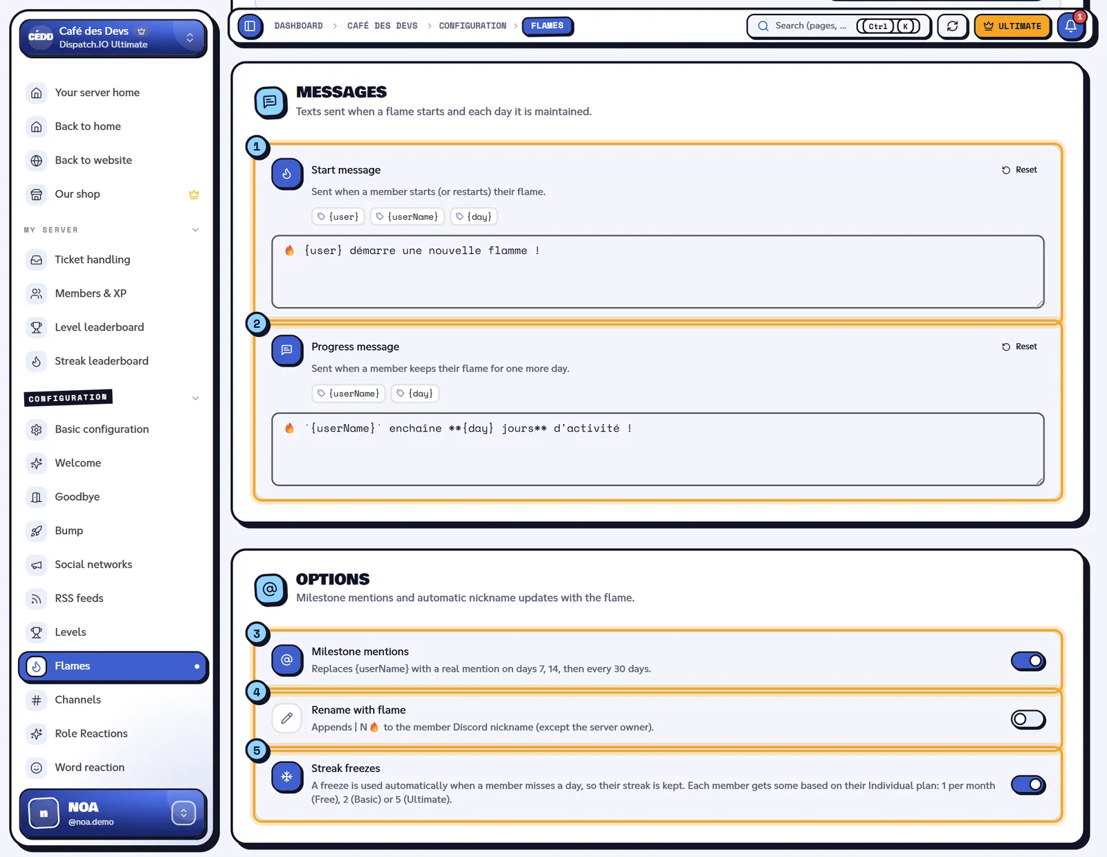 Both messages and the three options. Messages and Options blocks of the Flames page