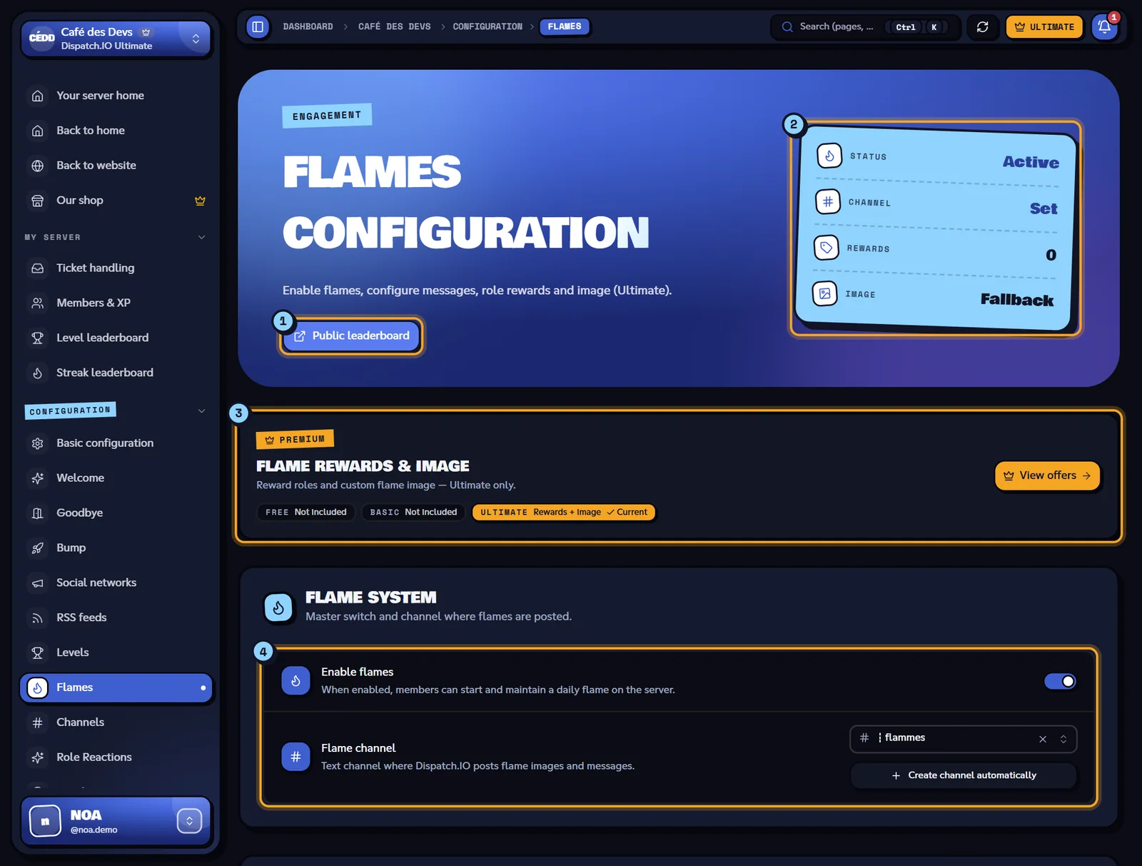 The Flames page of the Café des Devs server. Flames configuration page with the indicators, the Ultimate banner and the flame system