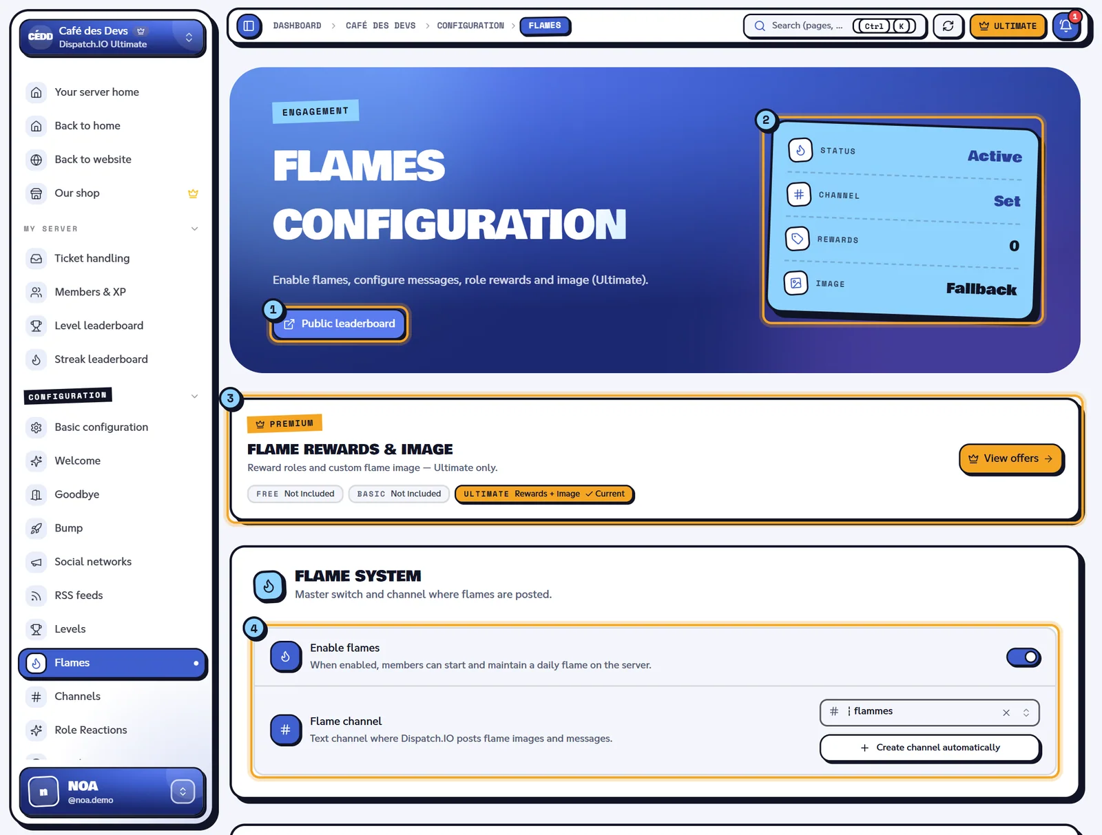 The Flames page of the Café des Devs server. Flames configuration page with the indicators, the Ultimate banner and the flame system