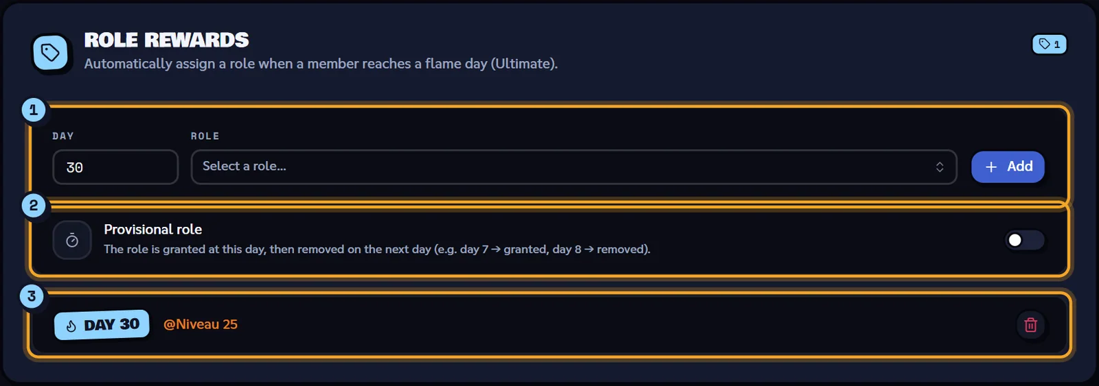 A reward on day 30 (Ultimate plan). Flame role rewards block with a reward on day 30