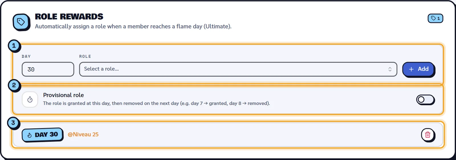 A reward on day 30 (Ultimate plan). Flame role rewards block with a reward on day 30