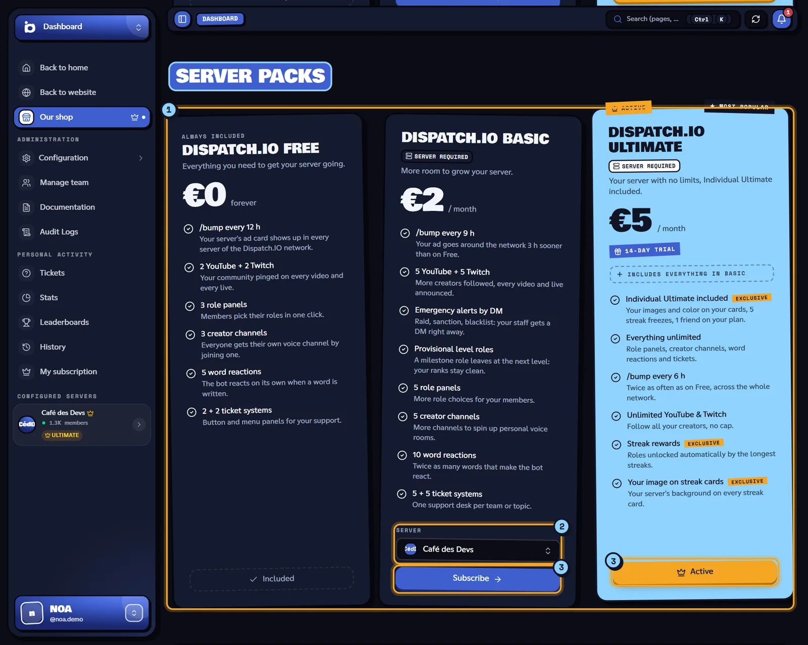 Shop opened from a server, Server packs section