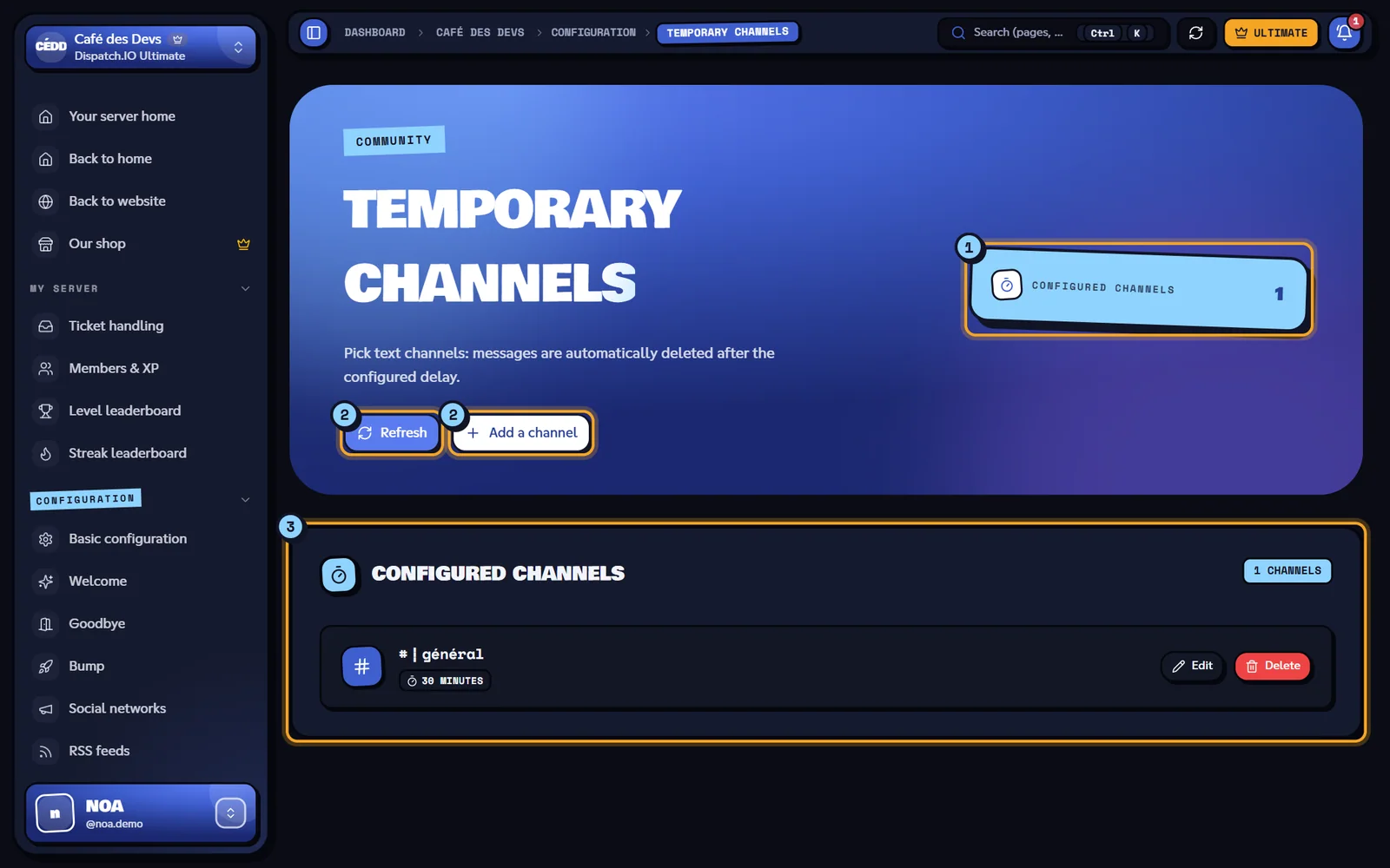 Temporary channels page with one configured channel