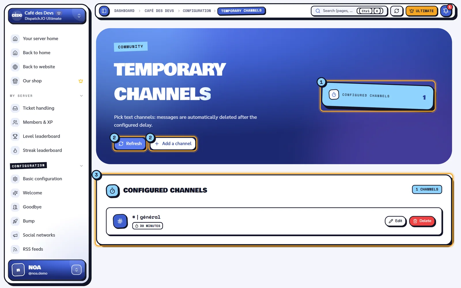 Temporary channels page with one configured channel