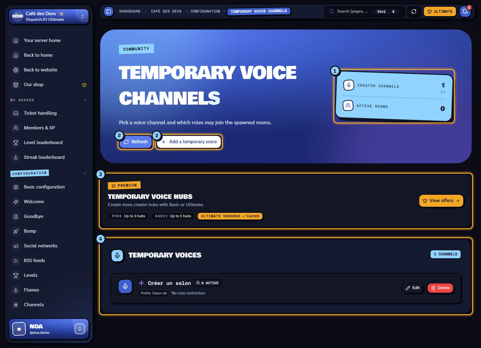 Temporary voice channels page with the "➕ Créer un salon" creator channel