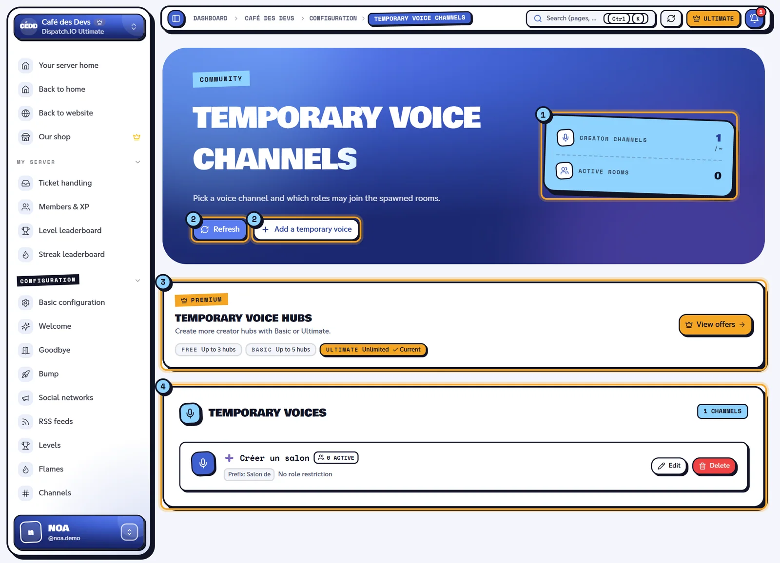 Temporary voice channels page with the "➕ Créer un salon" creator channel