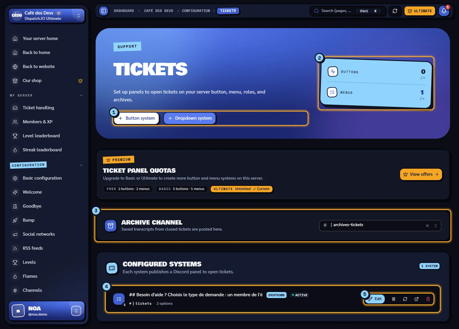 Ticket configuration of the Café des Devs server. Tickets page with the quotas, the archive channel and the configured systems