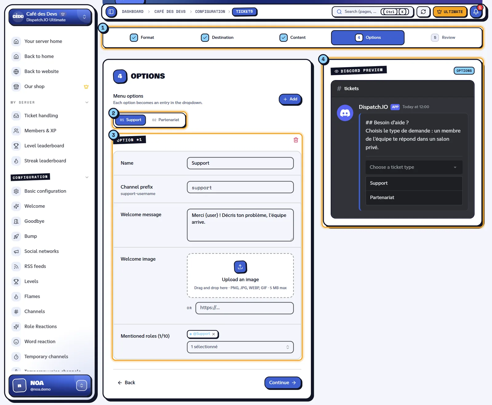 Options step of a dropdown system: two options, Support and Partenariat. Dropdown system editor at the Options step, with the Discord preview of the panel