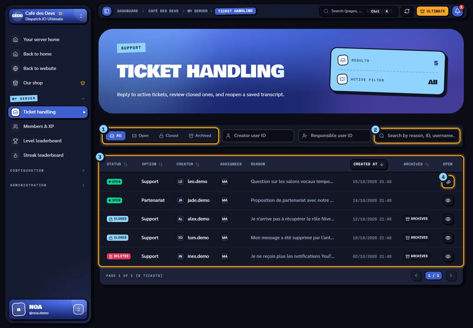 The five tickets of the Café des Devs server. Ticket list with the status filters, the search and the table