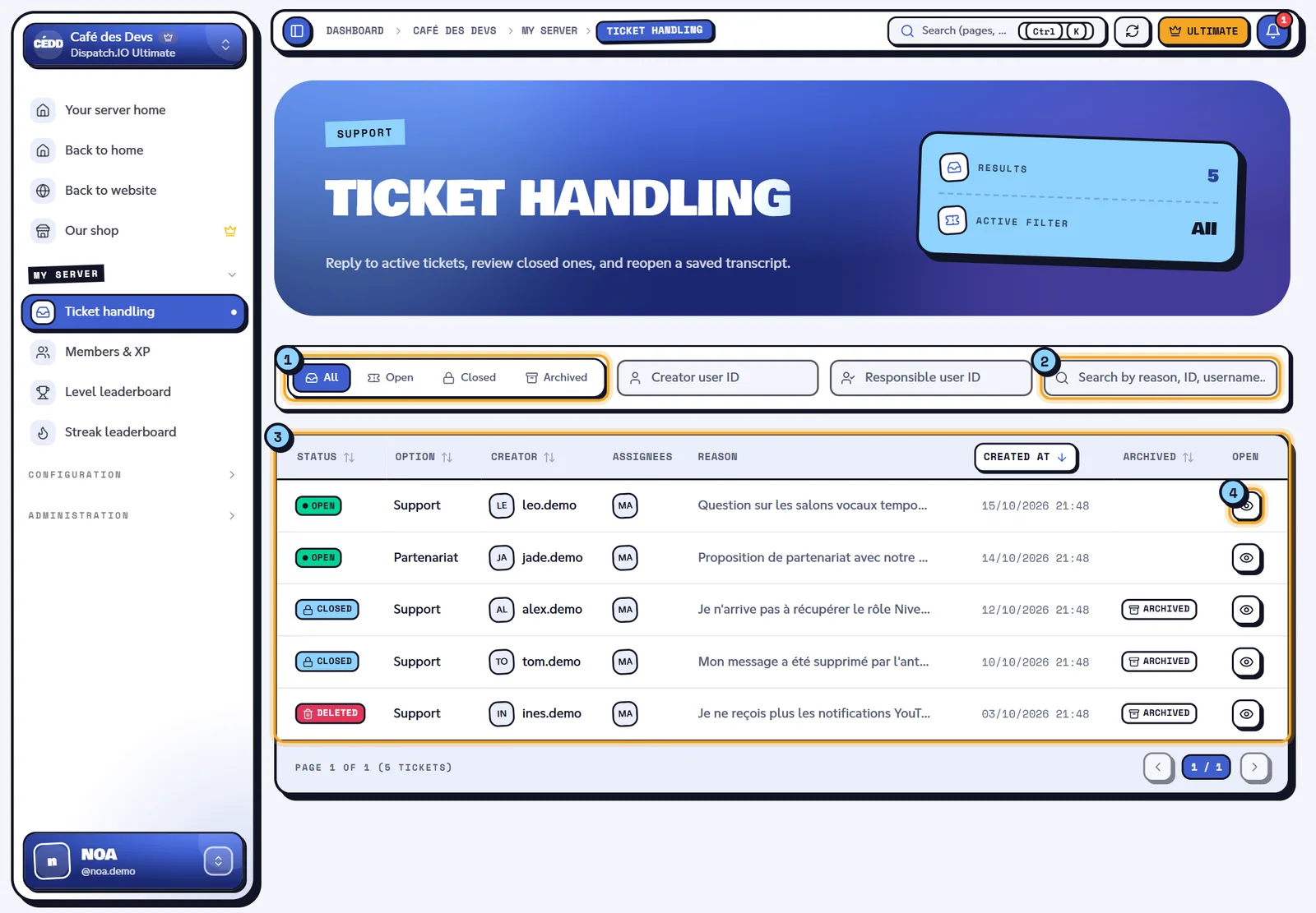 The five tickets of the Café des Devs server. Ticket list with the status filters, the search and the table