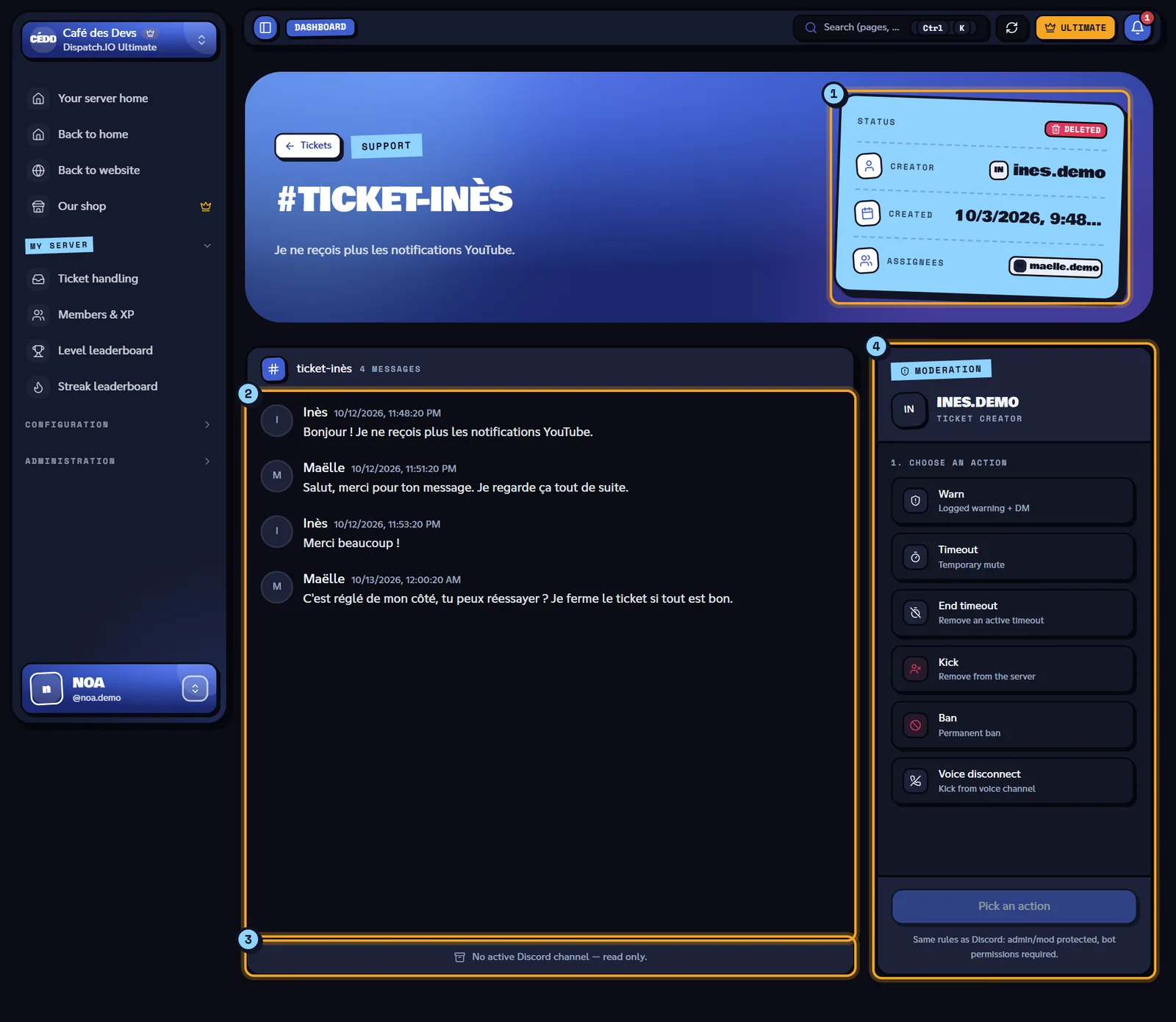 Inès's deleted ticket: its saved transcript, read only. Workspace of a deleted ticket with its saved transcript and the moderation panel