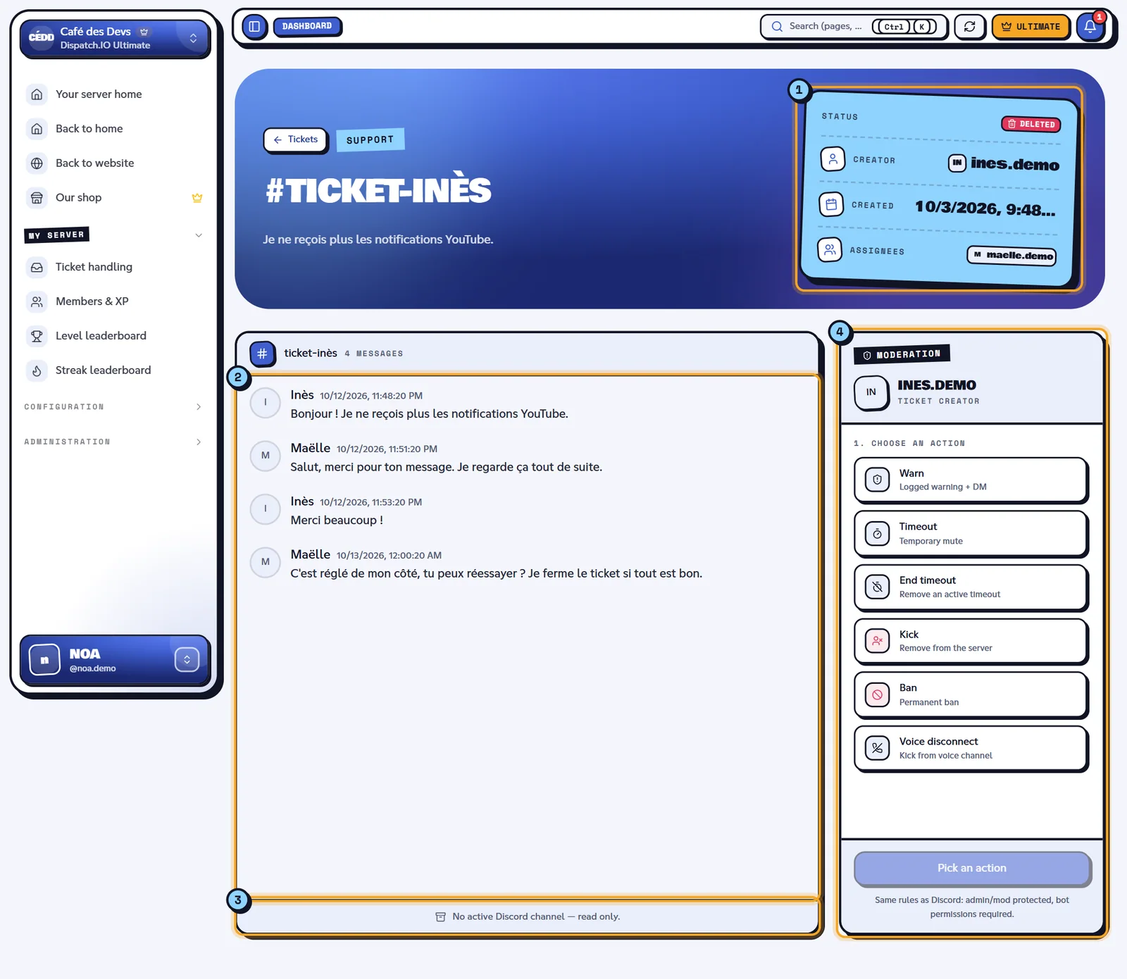 Inès's deleted ticket: its saved transcript, read only. Workspace of a deleted ticket with its saved transcript and the moderation panel