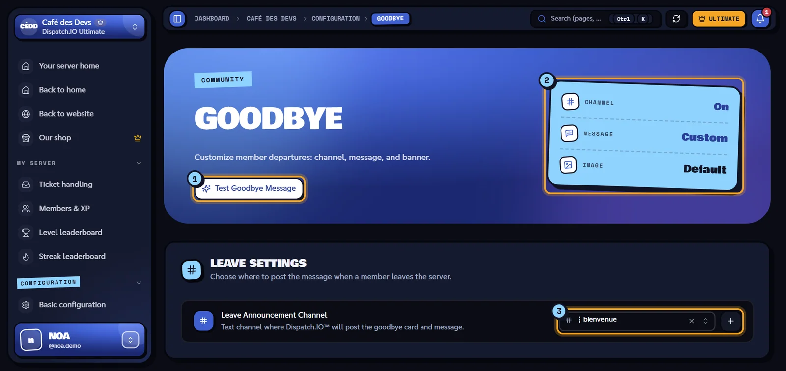 Goodbye page with three indicators and the leave channel