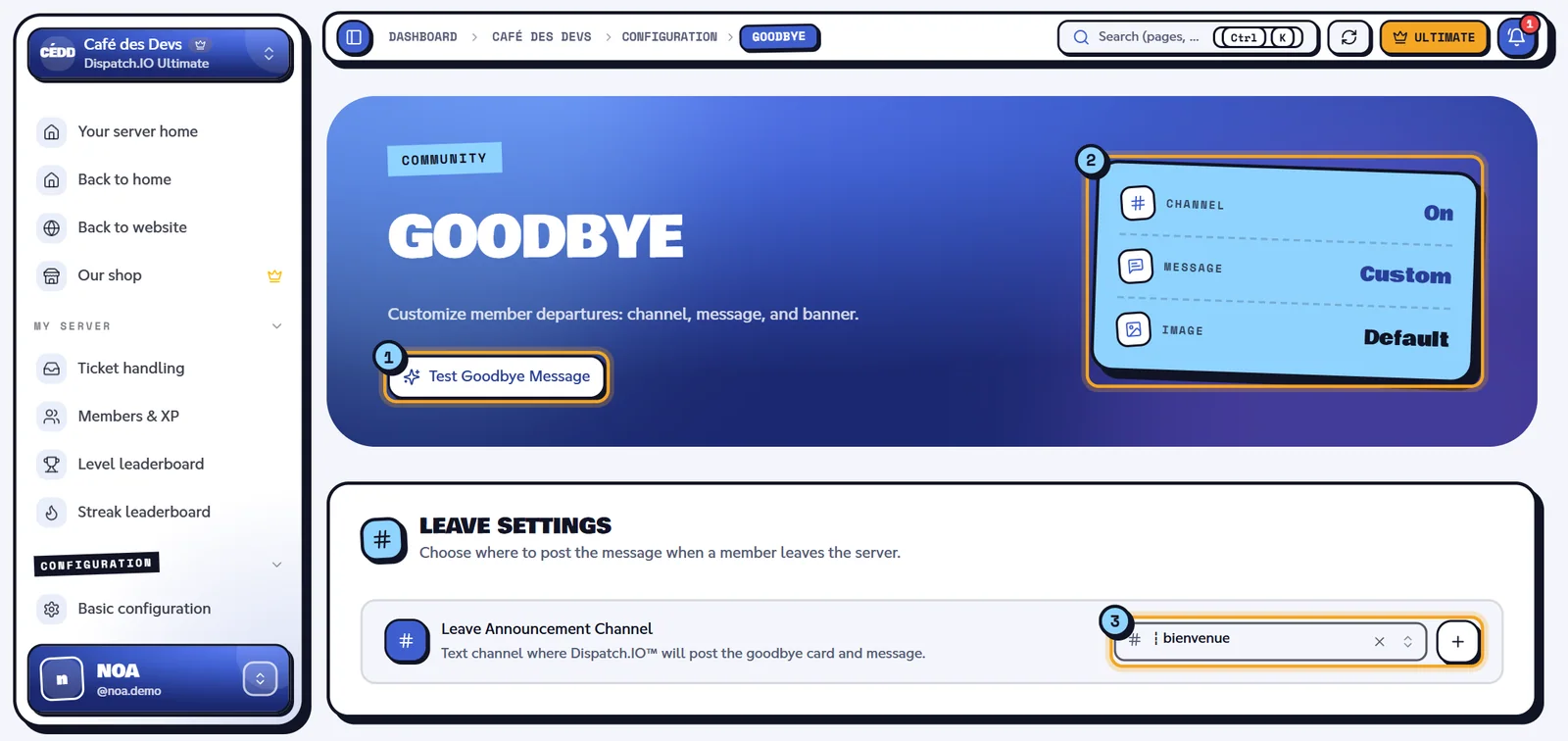 Goodbye page with three indicators and the leave channel