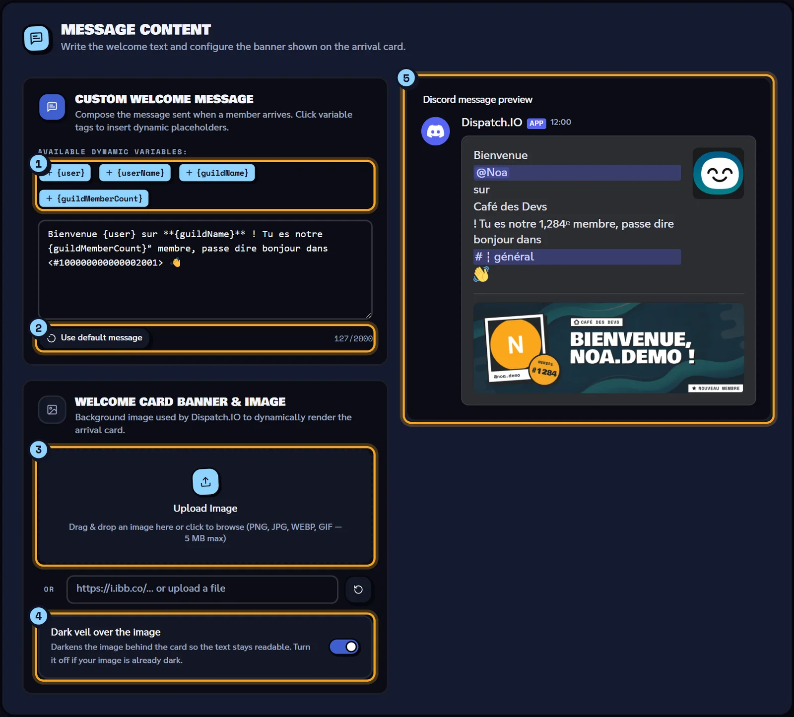Welcome message content with variables, background image and Discord preview