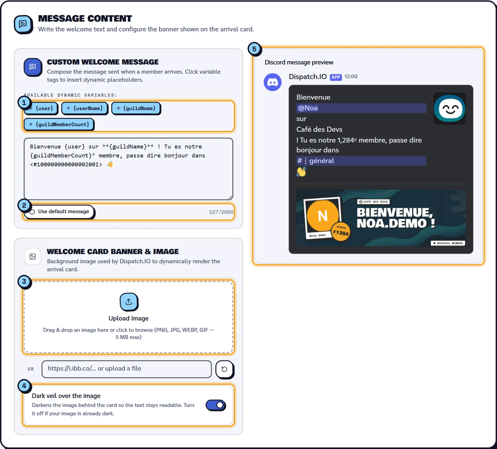 Welcome message content with variables, background image and Discord preview