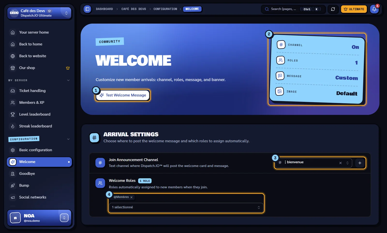 Welcome page with the test button, the indicators and the arrival settings