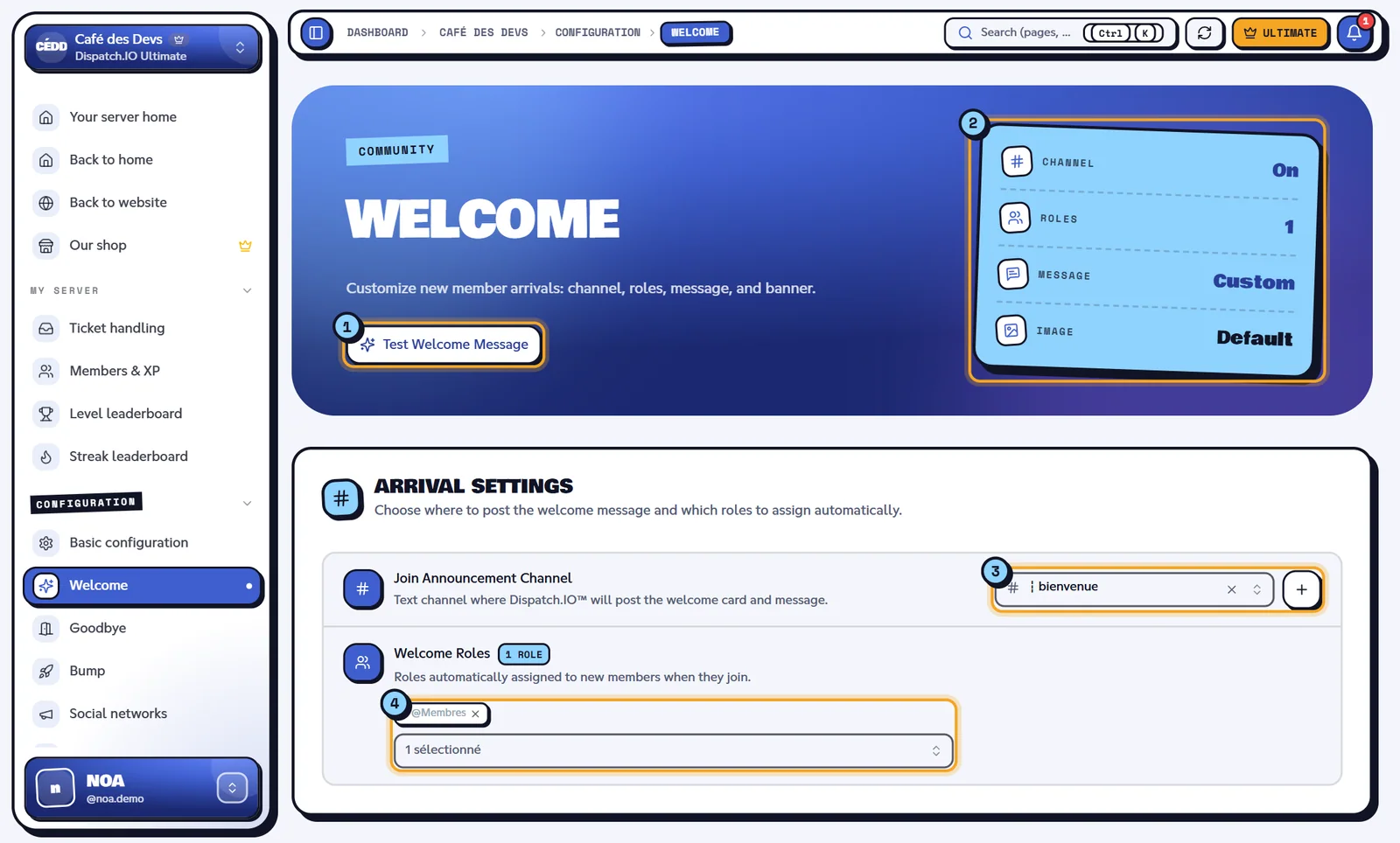 Welcome page with the test button, the indicators and the arrival settings