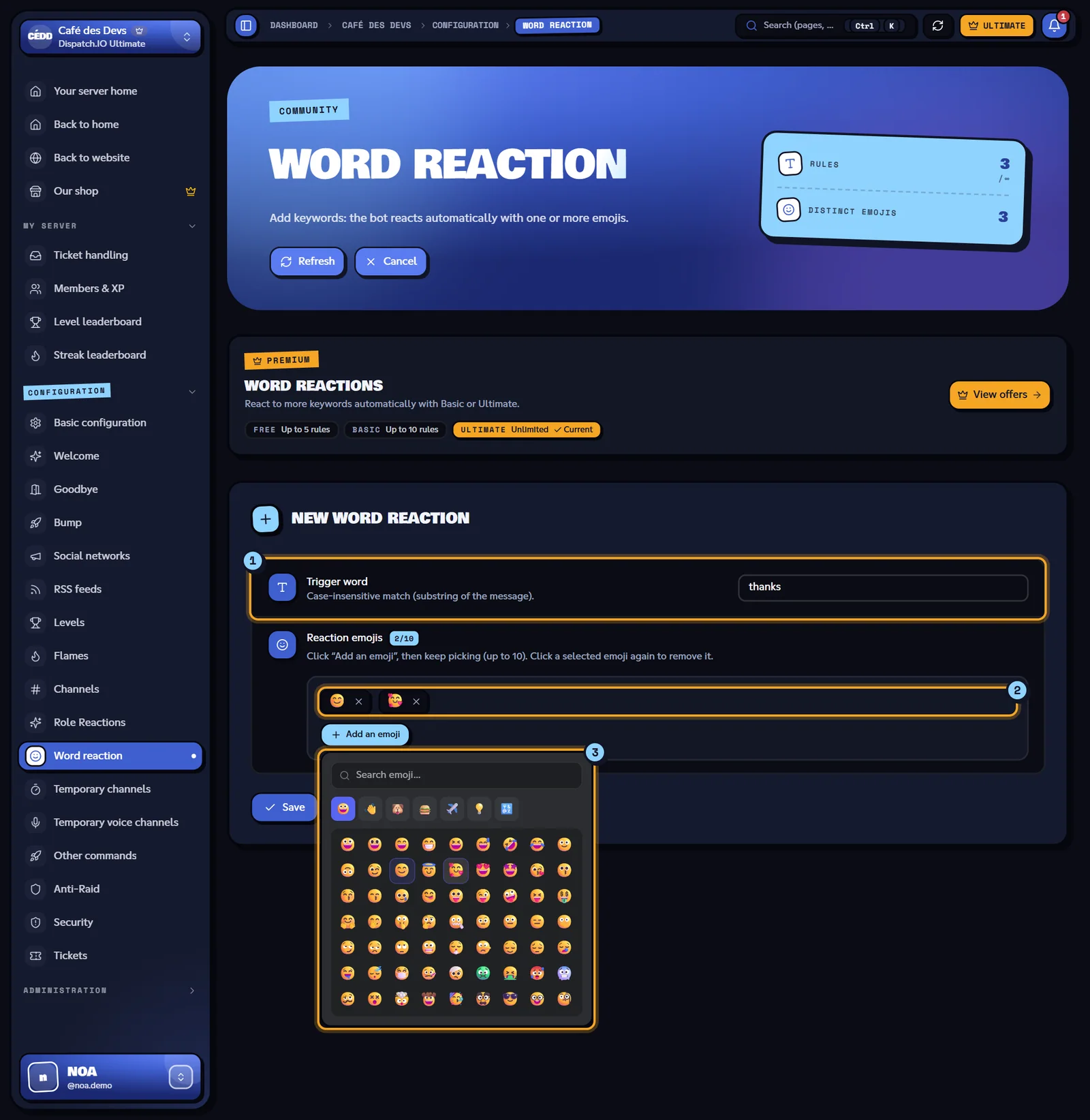 The creation form with the emoji picker open. New word reaction form with the emoji picker open
