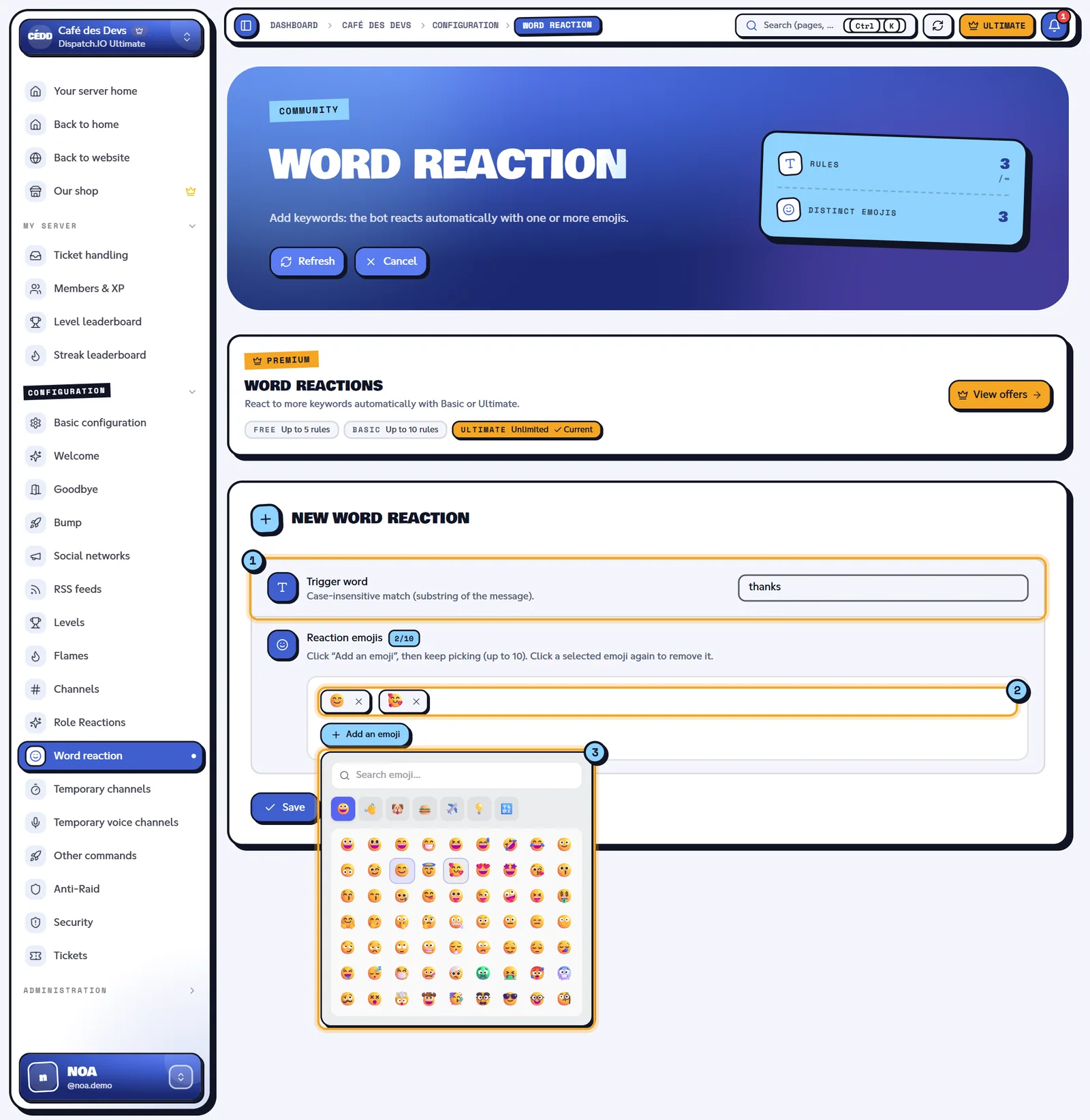 The creation form with the emoji picker open. New word reaction form with the emoji picker open
