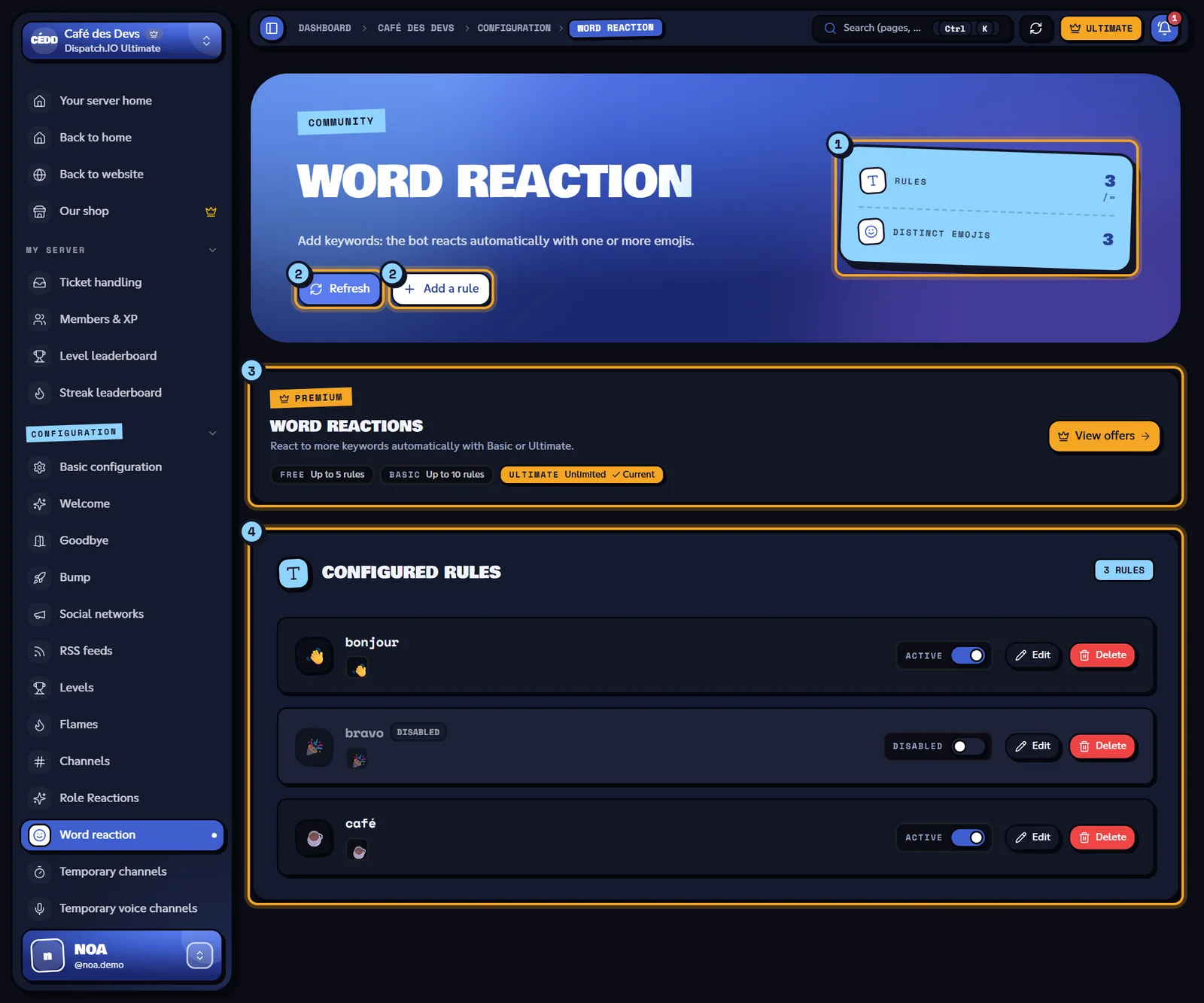 The Word reaction page of the Café des Devs server. Word reaction page with three rules