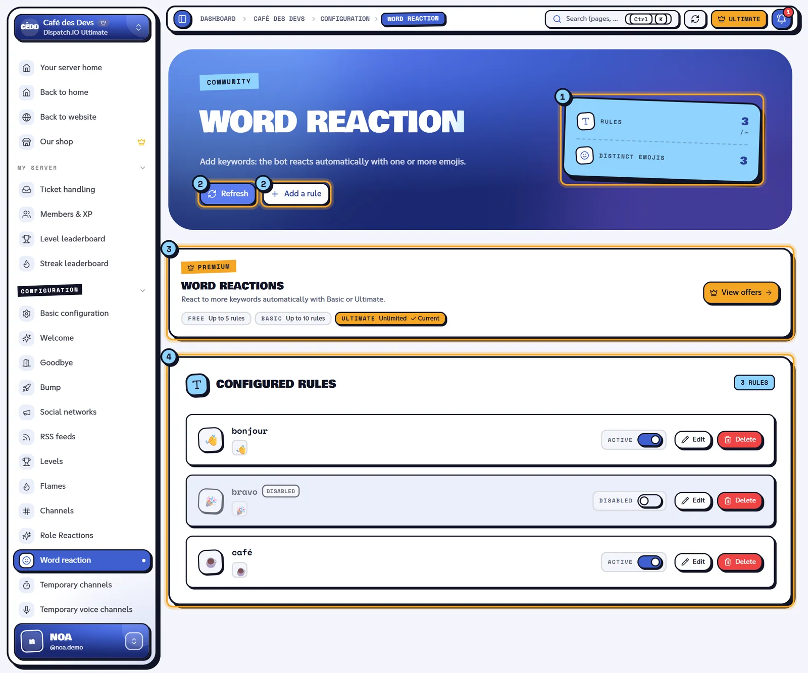 The Word reaction page of the Café des Devs server. Word reaction page with three rules