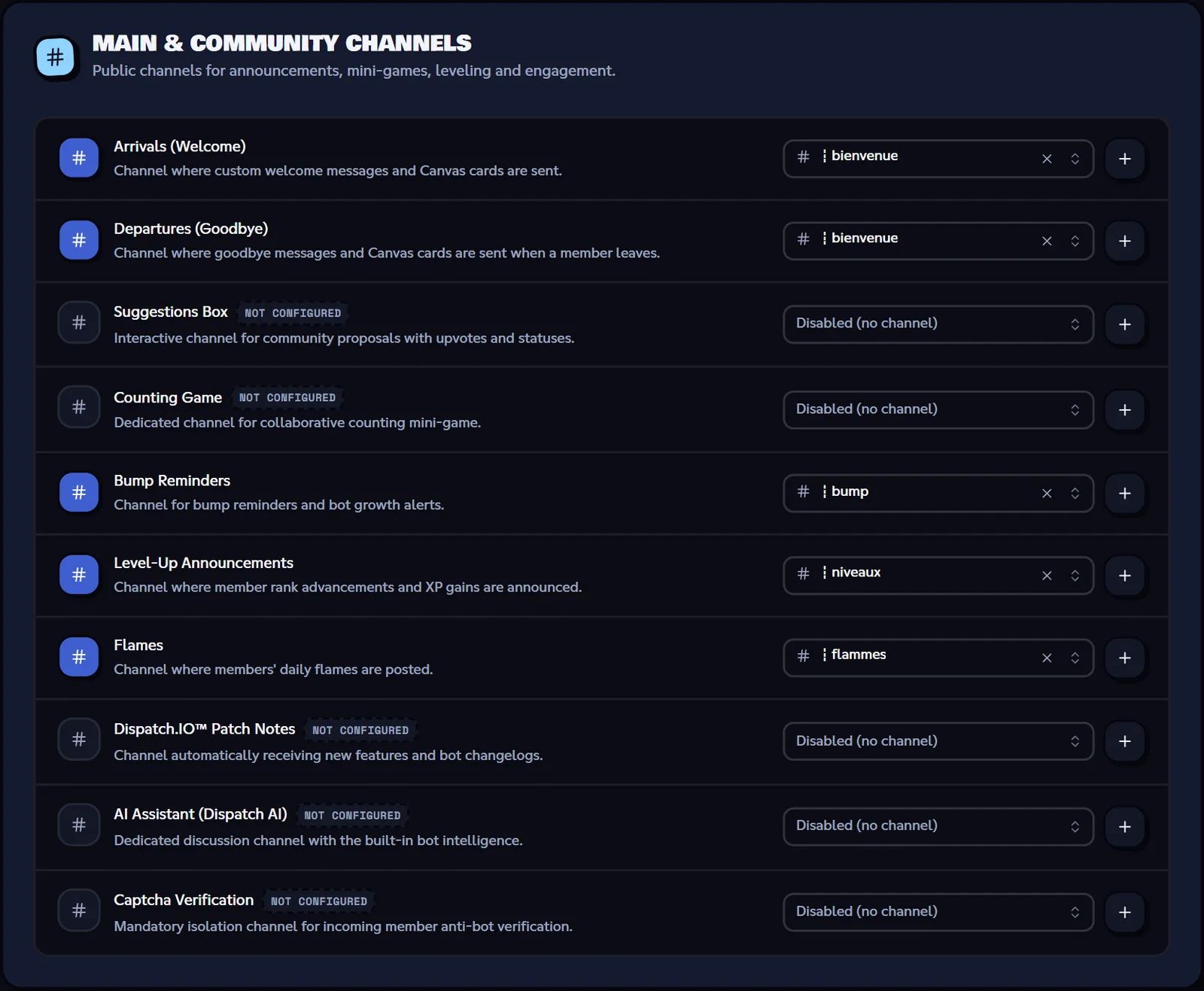 Channels page of the dashboard, Suggestions Box and Counting Game rows