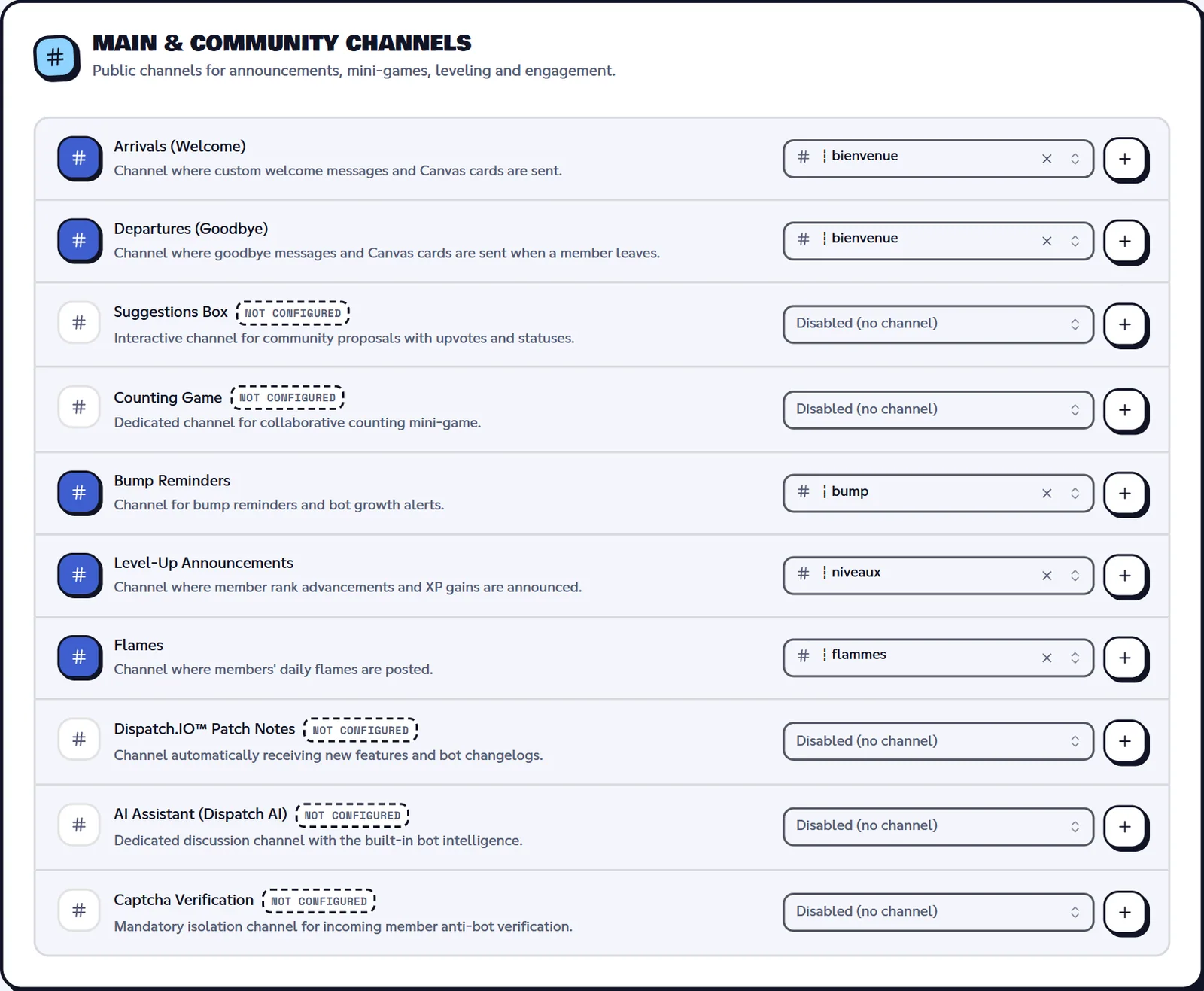 Channels page of the dashboard, Suggestions Box and Counting Game rows