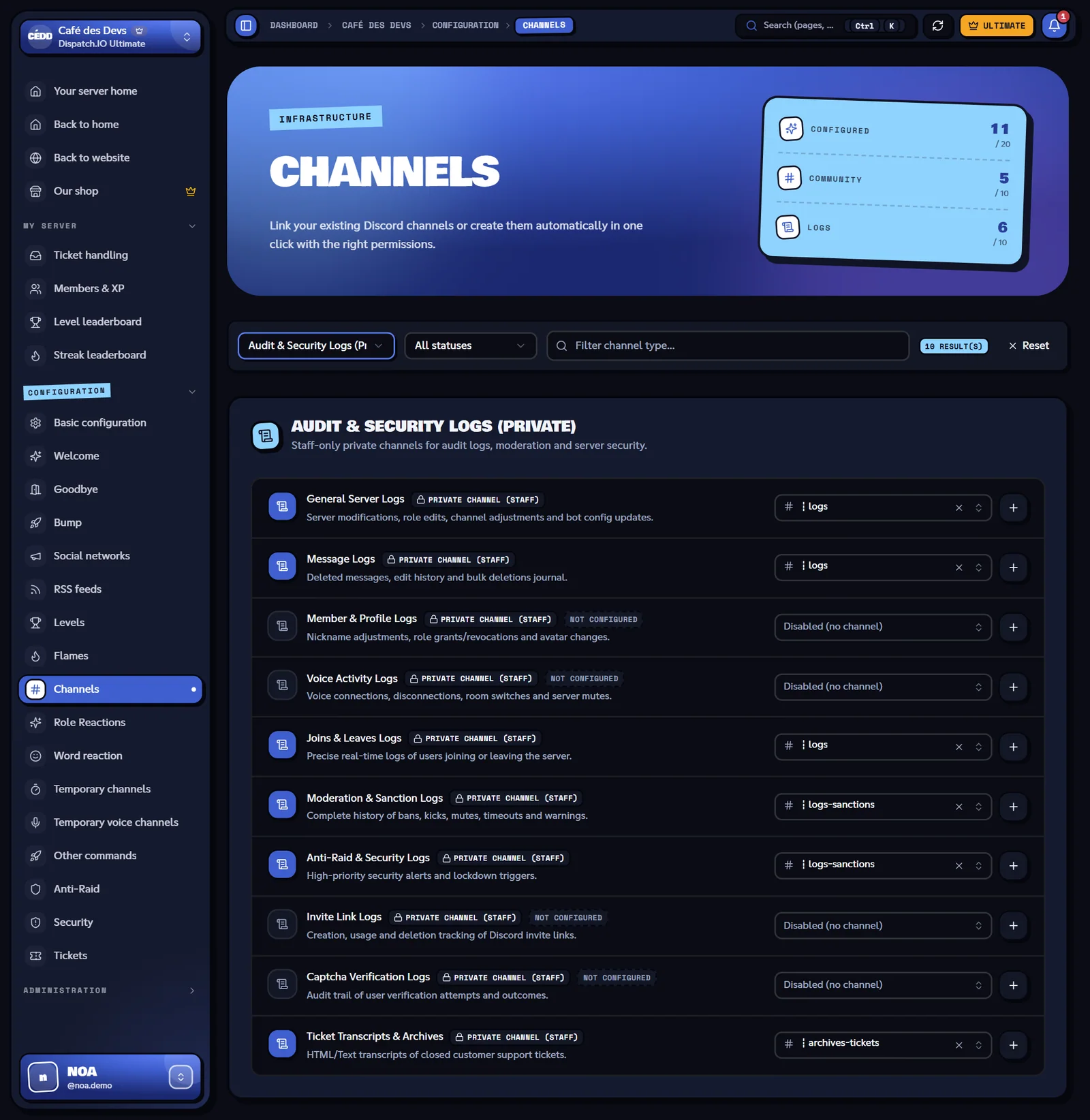 Channels page filtered on logs
