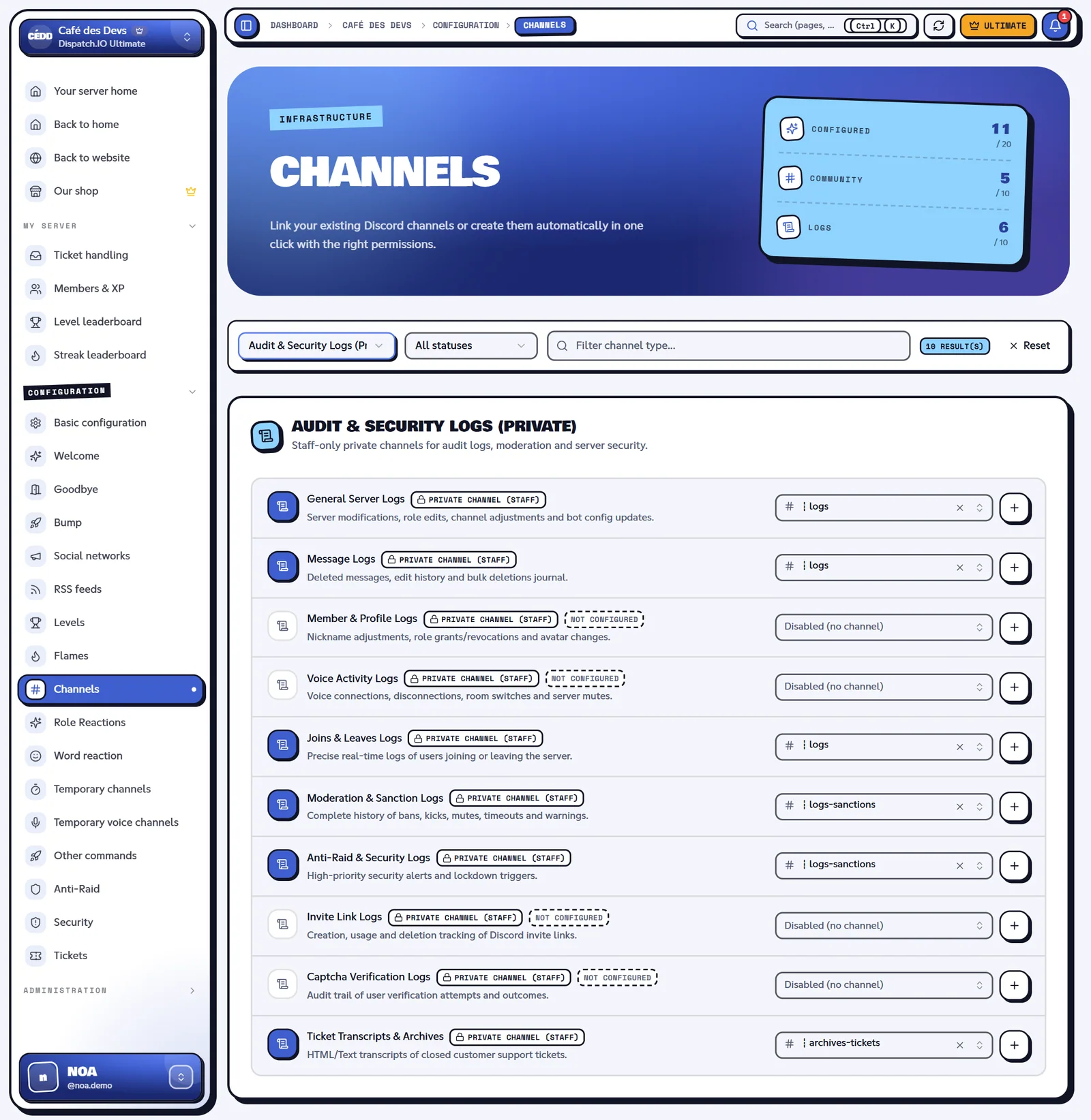 Channels page filtered on logs