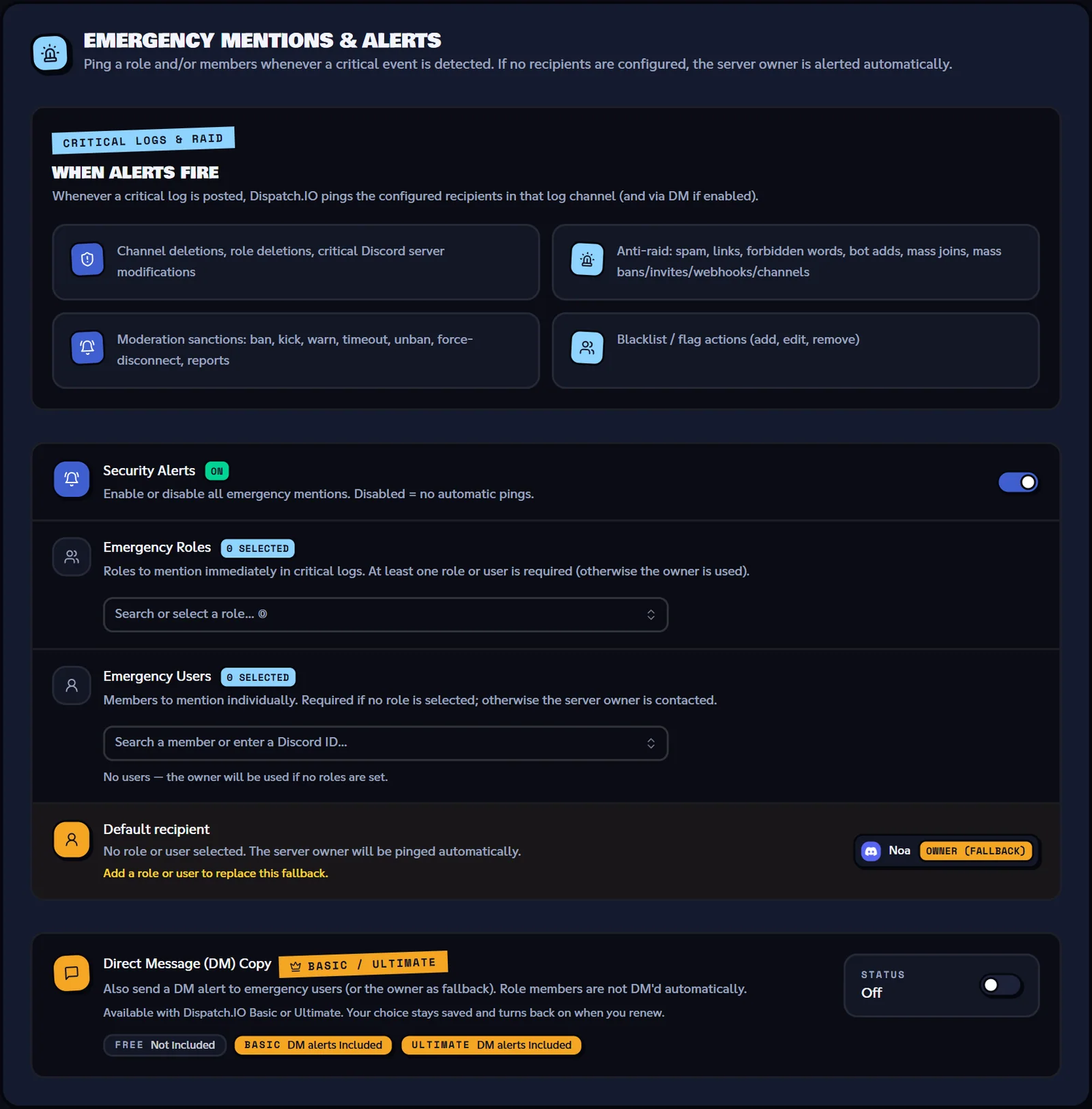 Emergency Mentions & Alerts section of the basic configuration