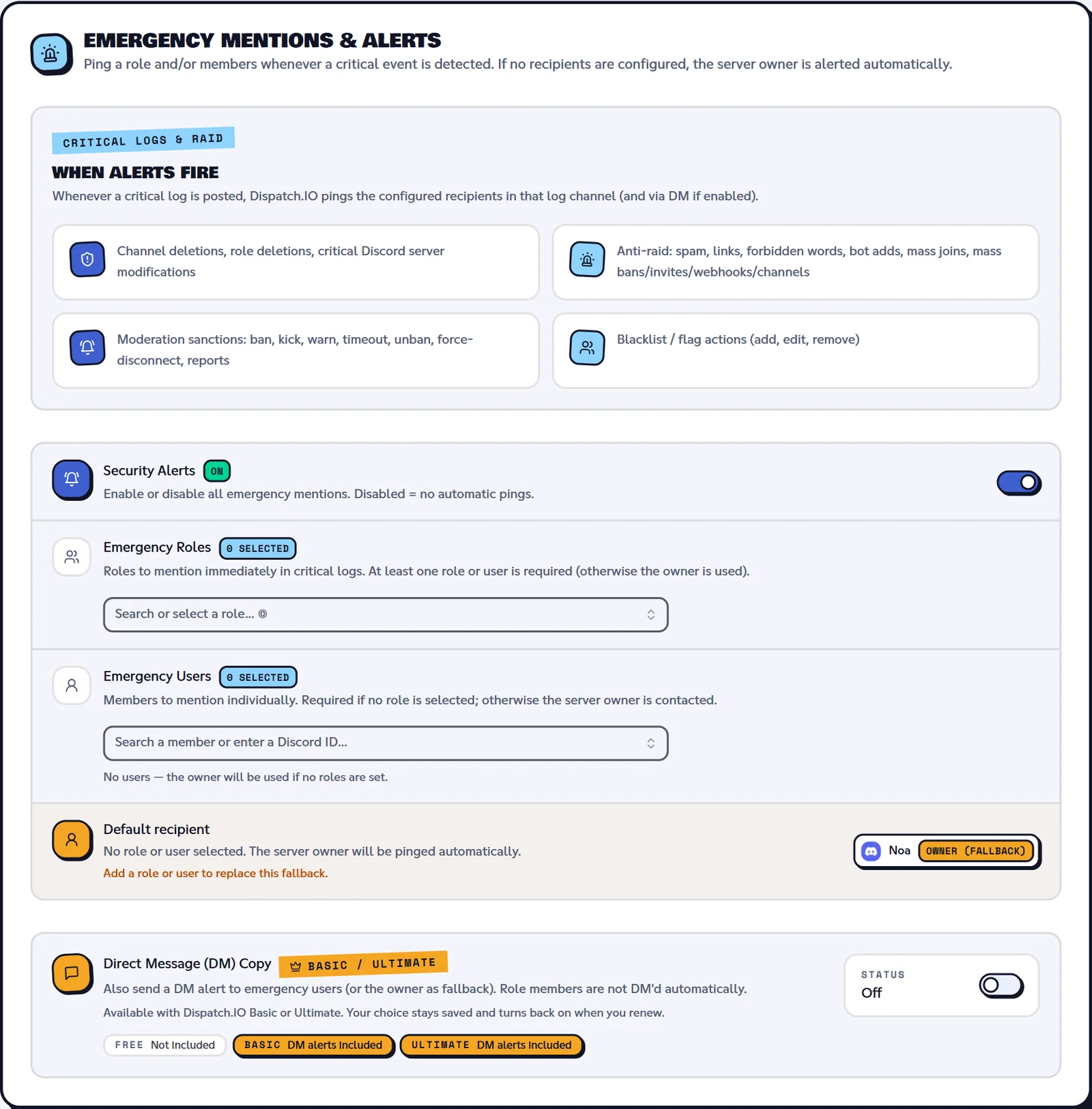 Emergency Mentions & Alerts section of the basic configuration