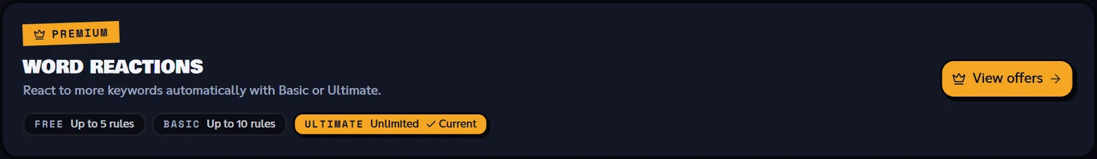 Premium box of the Word reaction page, with the server's Ultimate plan marked Current