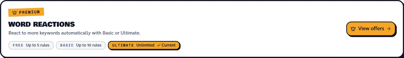Premium box of the Word reaction page, with the server's Ultimate plan marked Current