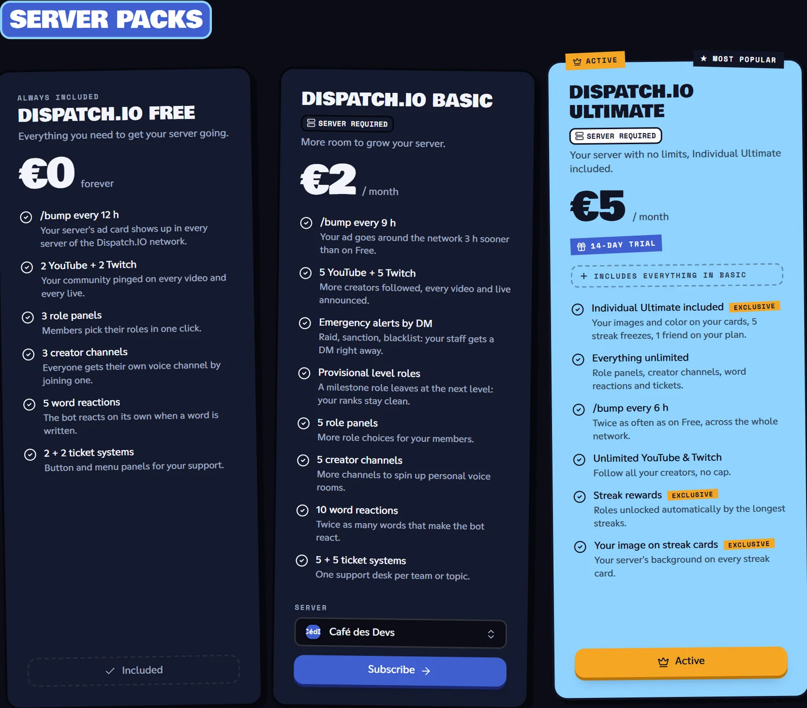 Shop, Offers tab, server packs with the server picker