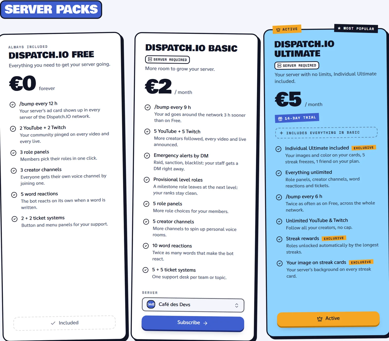 Shop, Offers tab, server packs with the server picker