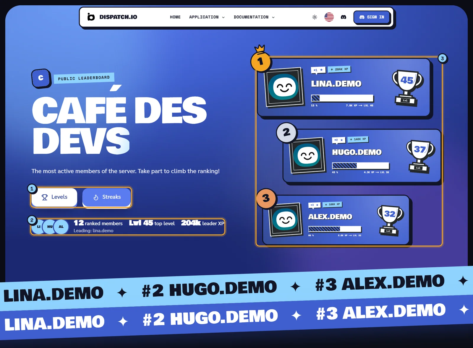 Level leaderboard of the Café des Devs server: blue header with the server name, Levels and Streaks buttons, key figures and a podium of the top three