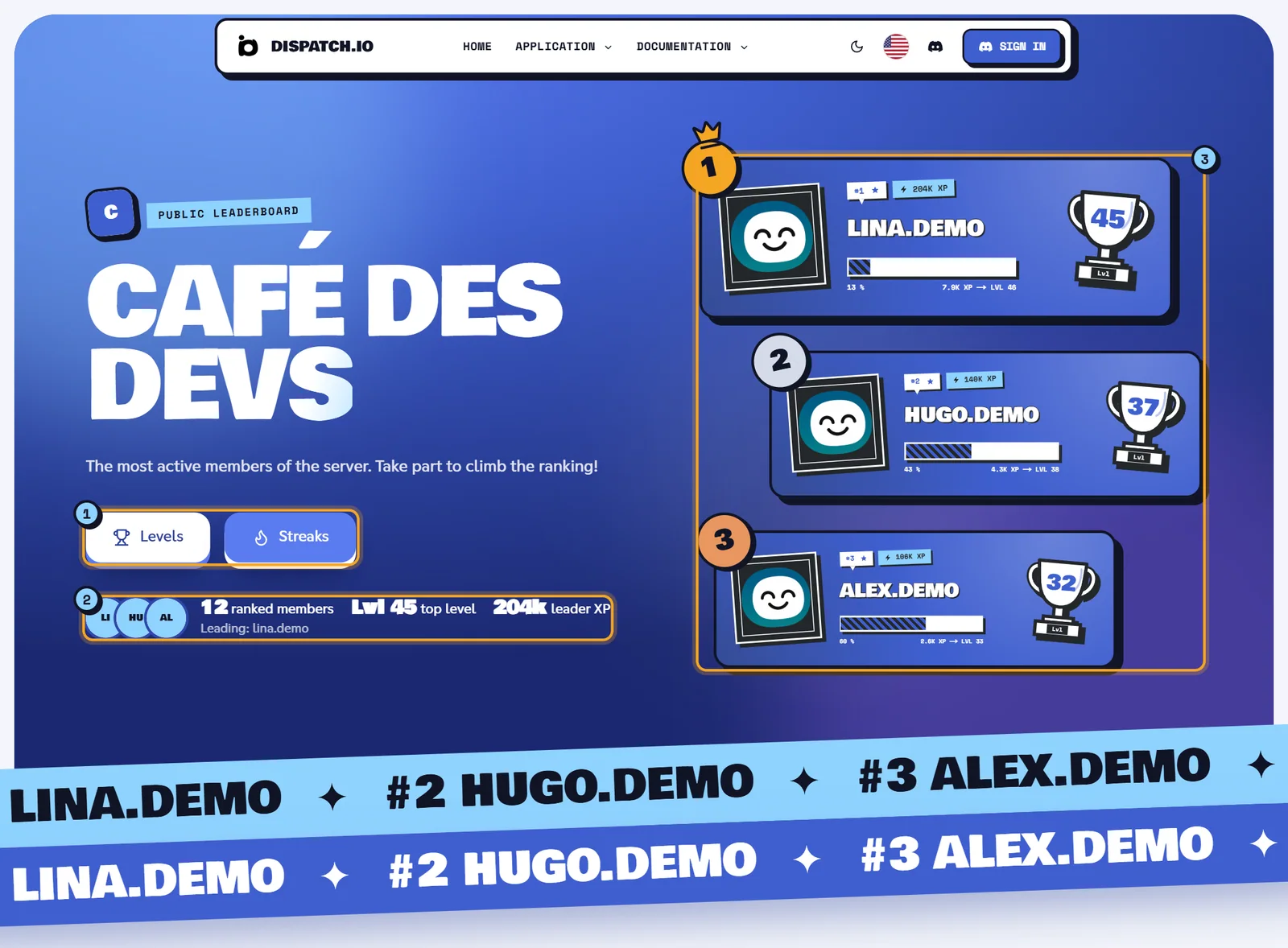 Level leaderboard of the Café des Devs server: blue header with the server name, Levels and Streaks buttons, key figures and a podium of the top three