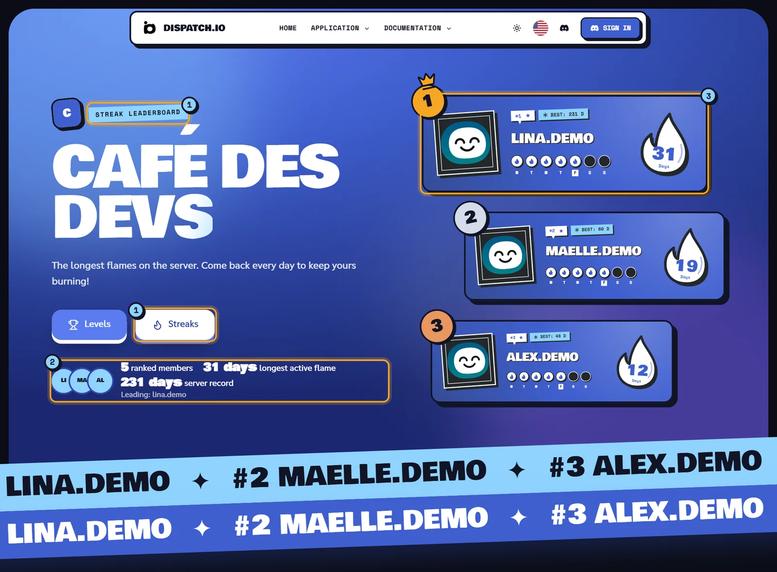 Flame leaderboard of Café des Devs: header with the Streaks button active, key figures and a podium of flame cards showing the days of the week