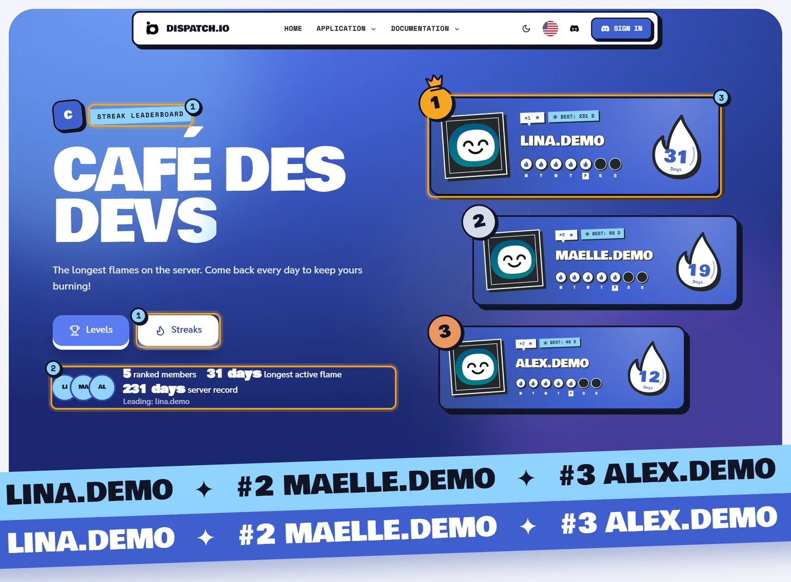 Flame leaderboard of Café des Devs: header with the Streaks button active, key figures and a podium of flame cards showing the days of the week