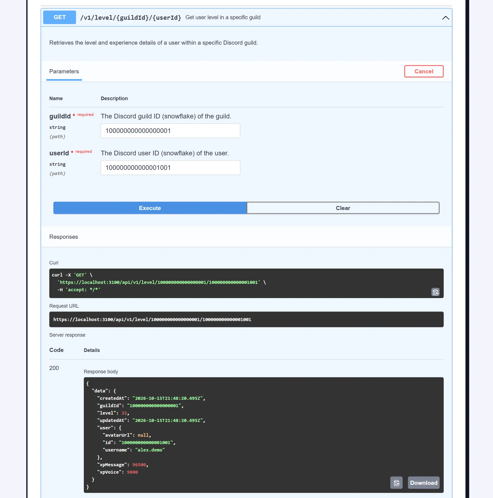 The GET /v1/level/{guildId}/{userId} address expanded in Swagger after Execute: parameters filled in and a 200 response with the member's level