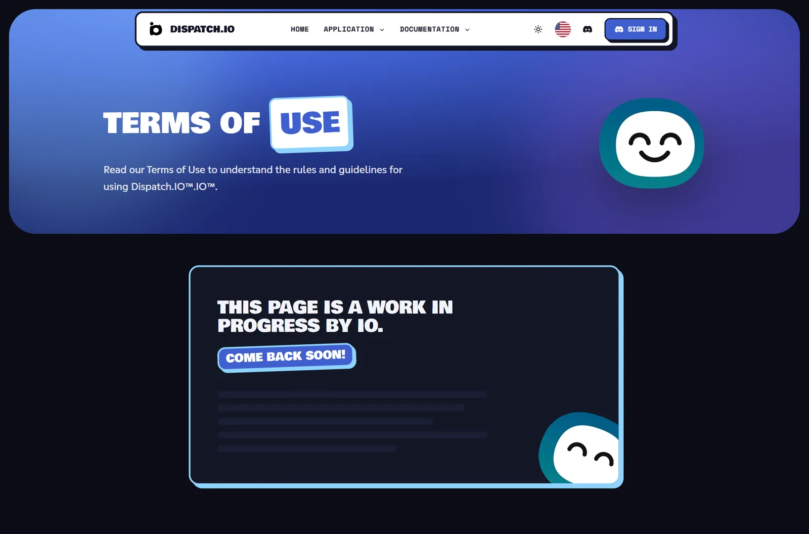 Terms of Use page: title, summary and a box saying the page is under construction