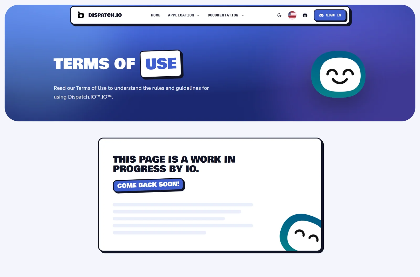 Terms of Use page: title, summary and a box saying the page is under construction