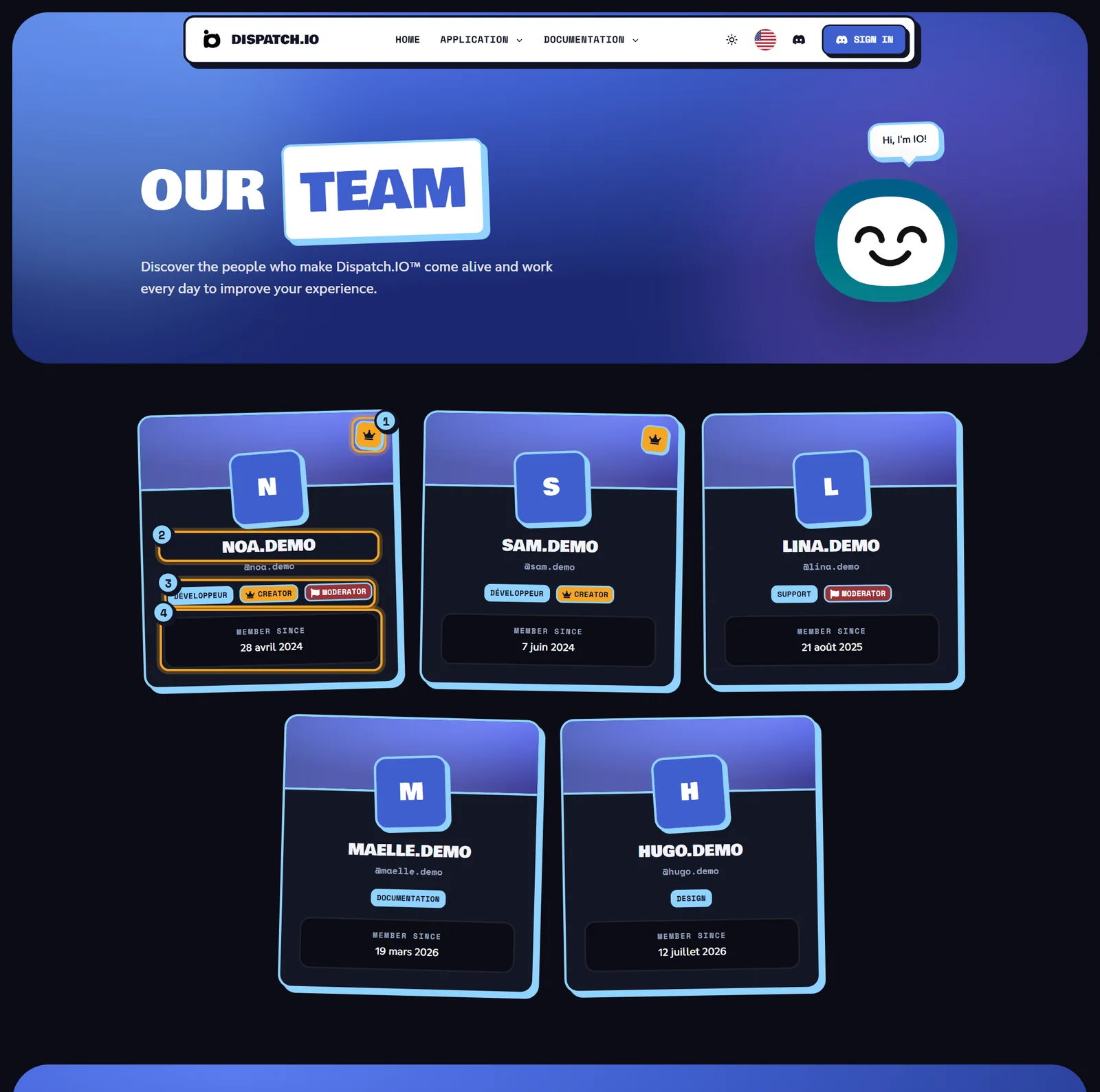 Our Team page: a grid of member cards with a blue banner, avatar, name and badges