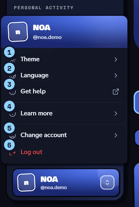Account menu open at the bottom of the dashboard sidebar