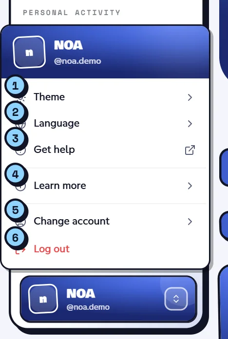 Account menu open at the bottom of the dashboard sidebar