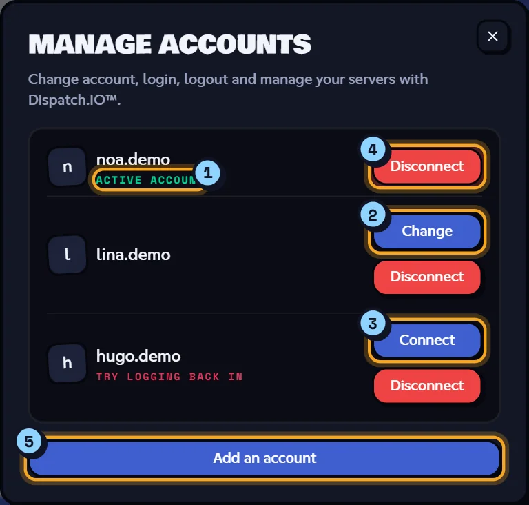 Manage accounts window with an active account, a second account and an expired account