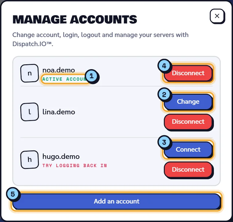 Manage accounts window with an active account, a second account and an expired account