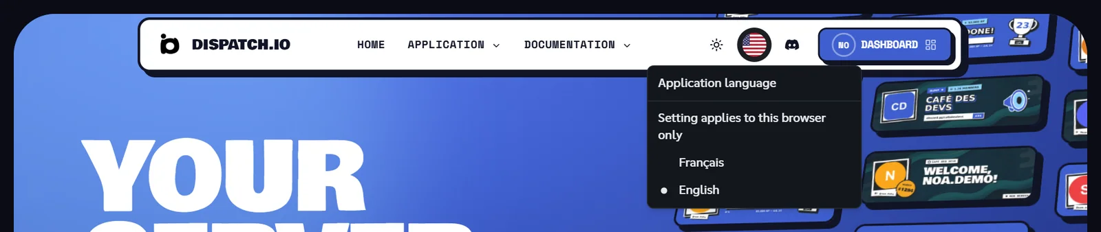 Application language menu opened from the flag in the top menu, with the Français and English options